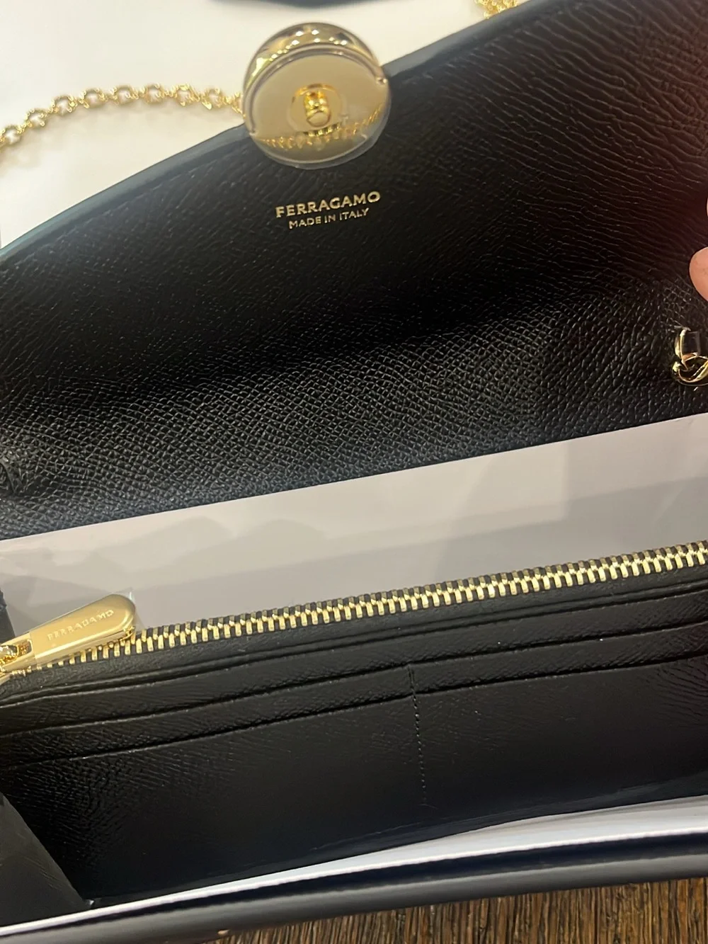 Salvatore Ferragamo Black Leather Clutch with Gold Chain and Button new with tag